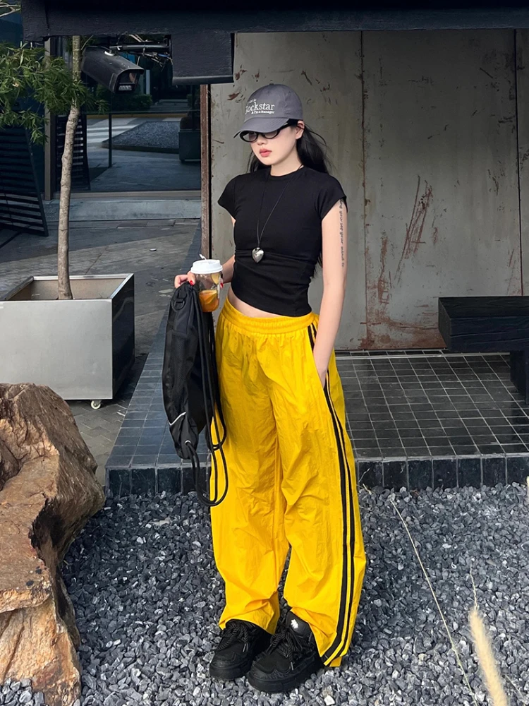 Top Trends: Deeptown Y2K Streetwear Yellow Sweatpants Women Harajuku Hippie Wide Leg Track Pants Oversized Quick Dry Striped Jogger Trousers Shoppable Styles