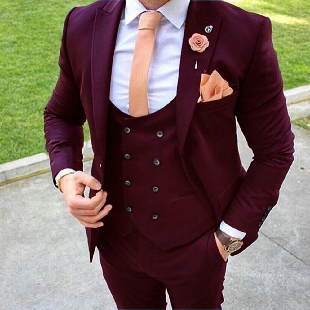 Top Trends: New Tailor Made Peak Lapel Burgundy Men Suits 2022 Slim Fit Groom Tuxedo 3 Piece Male Blazer + Pant+ Vest Costume Homme Mariage Shoppable Styles