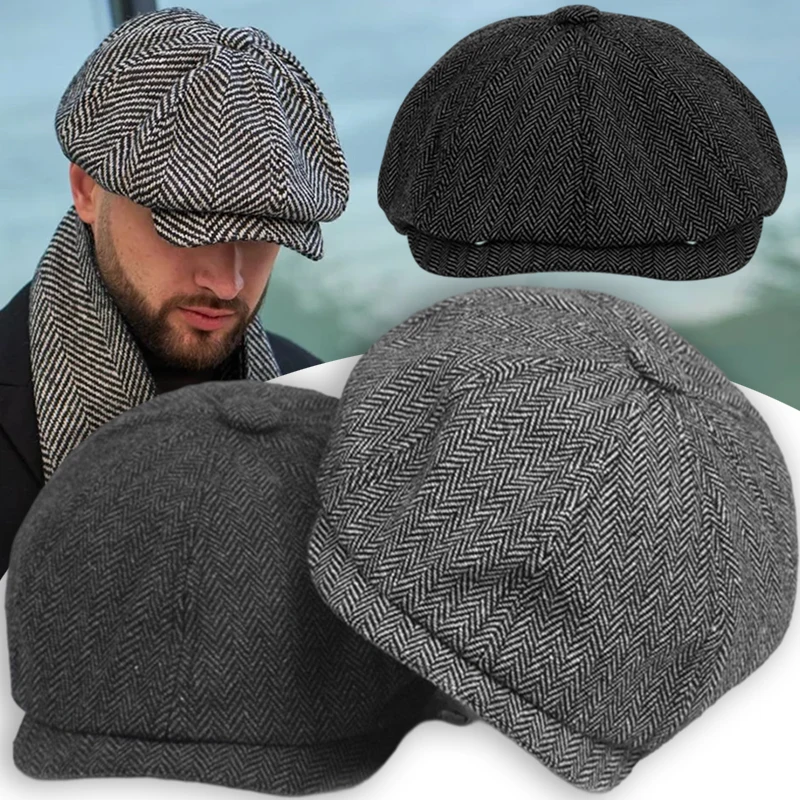 Top Trends: Classic Wool Newsboy Caps Men Herringbone Flat Caps Gatsby Lvy Cabbie Hat Vintage Woolen Driving Hats Winter Peaky Blinders Shoppable Styles