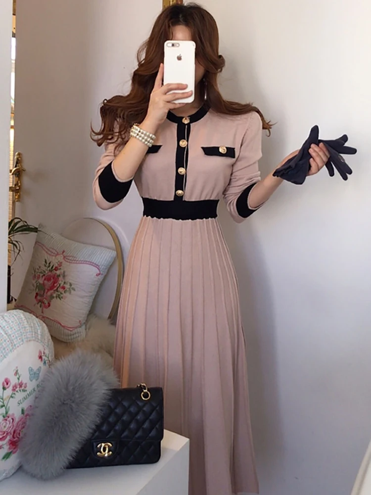 Top Trends: 2023 Autumn Korean Knitted Women Long Pleated Dress Women Long Sleeve Single-breasted A-line Dresses Elegant Ladies Vestidos Shoppable Styles