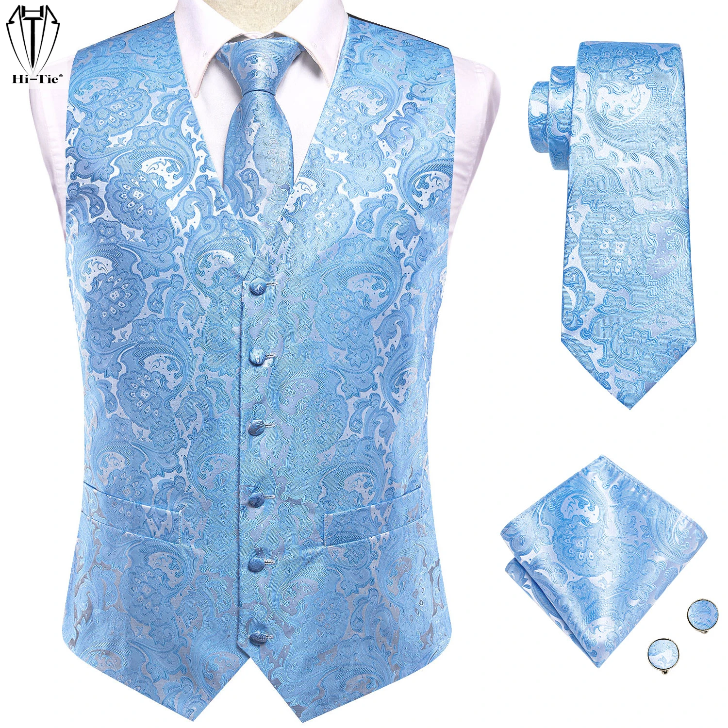 Top Trends: Silk Mens Wedding Vest Tie Set Sleeveless Western Waistcoat Jacket Necktie Hanky Cufflinks Sky Blue Coral Beige Silver Burgundy Shoppable Styles