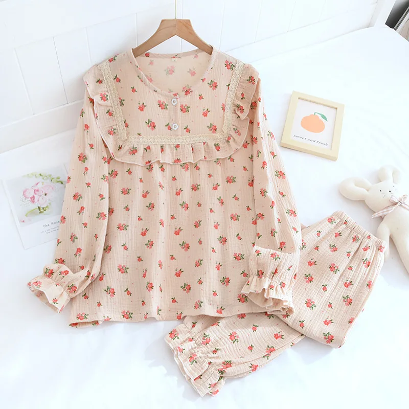 Top Trends: New Spring And Summer Ladies Pajamas Long-sleeved Trousers Two-piece Cotton Crepe Large Size Flower Pullover Home Service Suit Shoppable Styles