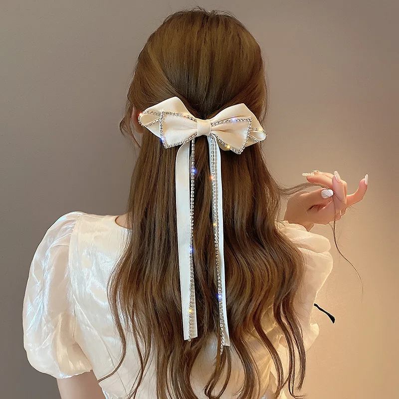 Top Trends: Elegant Rhinestones Big Bow Hairpins For Girl Ribbon Long Tassel Rhinestone Headband Hair Clips Accessories HAIR CLIP FOR GIRL Shoppable Styles