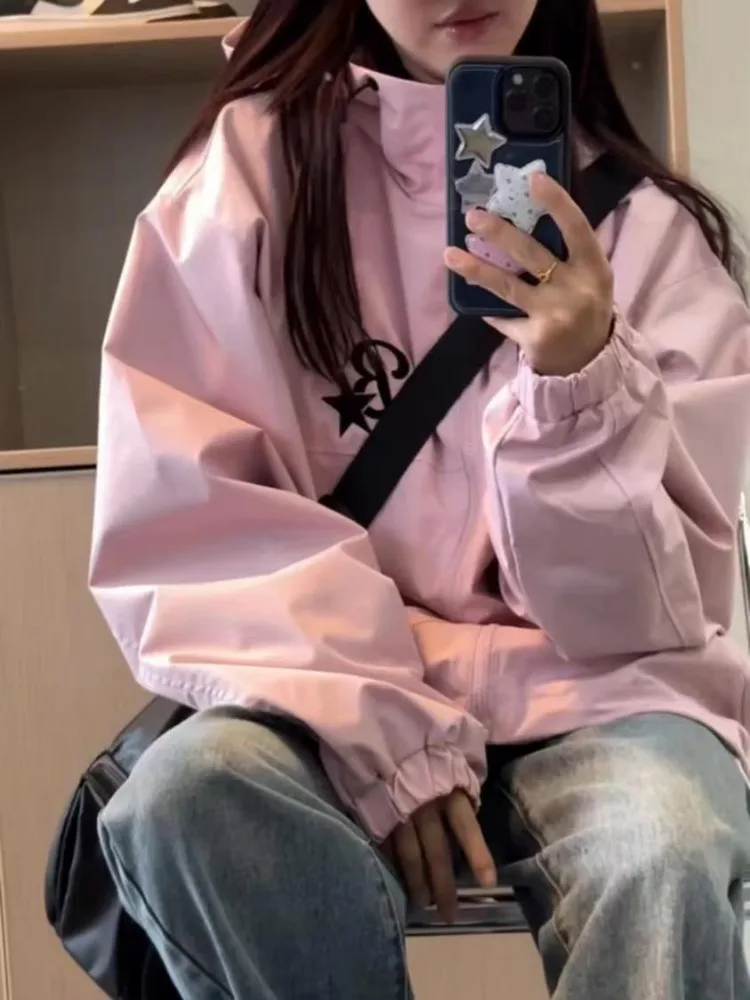 Top Trends: HOUZHOU Korean Style Gorpcore Pink Track Jackets Women Hippie Y2K Oversize Zipper Windbreaker Jacket Harajuku Streetwear Outwear Shoppable Styles