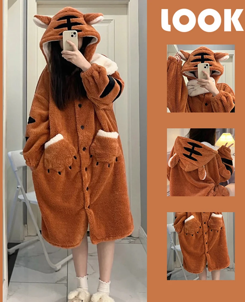 Top Trends: Fleece Thick Tiger Pajamas Robes Winter Warm Plush Nightgown Loose Kawaii Cartoon Flannel Nightdress Dinosaur Pijama Loungewear Shoppable Styles