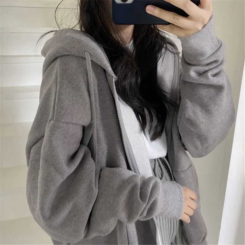 Top Trends: Women Sweatshirts Korean Version Oversized Solid Zip Up Hoodies Jacket Retro Long Sleeve Fleece Hooded Sweatshirt Coats Shoppable Styles