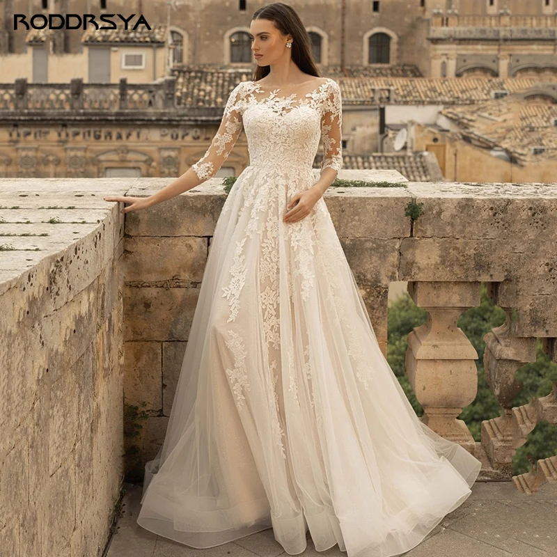 Top Trends: RODDRSYA Vintage Wedding Dress Scoop Neck 3 / 4 Lace Sleeves Bride Gowns Tulle Appliques Sweep Train Boho Vestidos De Novia 2023 Shoppable Styles