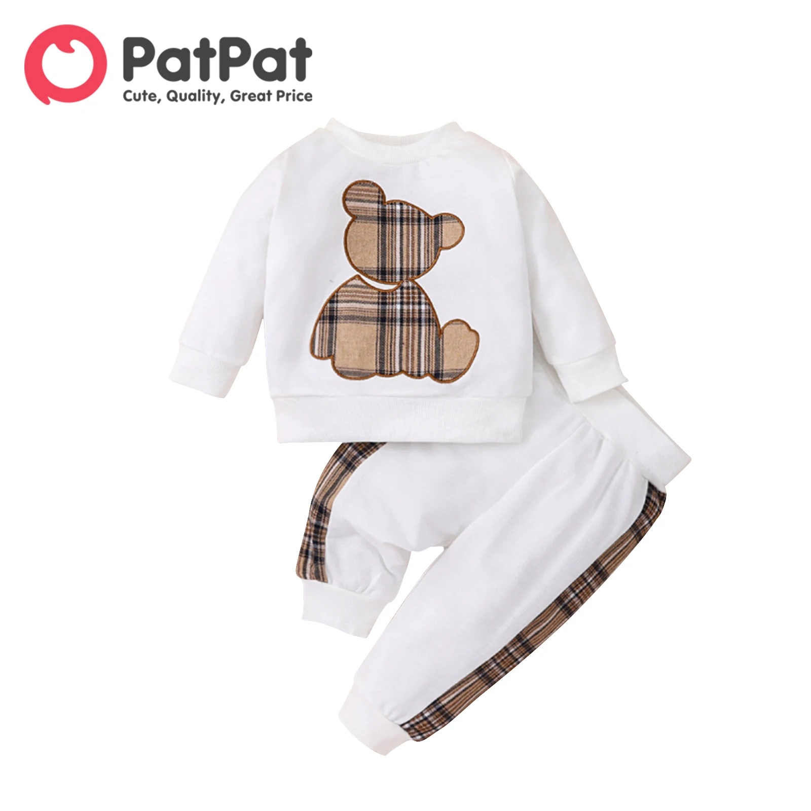 Top Trends: PatPat 2pcs Baby Boy / Girl Long-sleeve Plaid Print Bear Embroidered Sweatshirt And Sweatpants Set Shoppable Styles