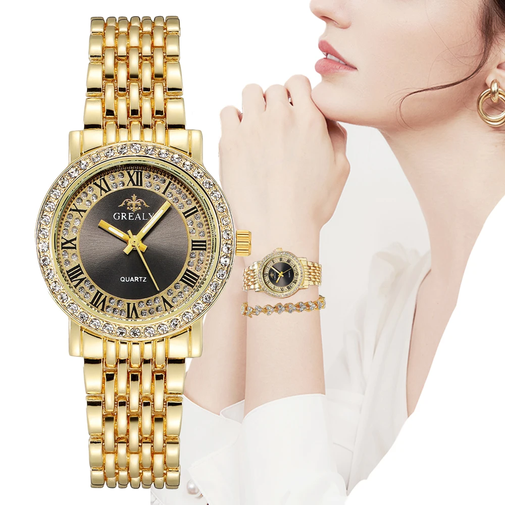 Top Trends: Golden Stainless Steel Strap Women Fashion Watches 2022 Luxury Diamond Set Roman Design Wristwatches Casual Female Quartz Clock Shoppable Styles