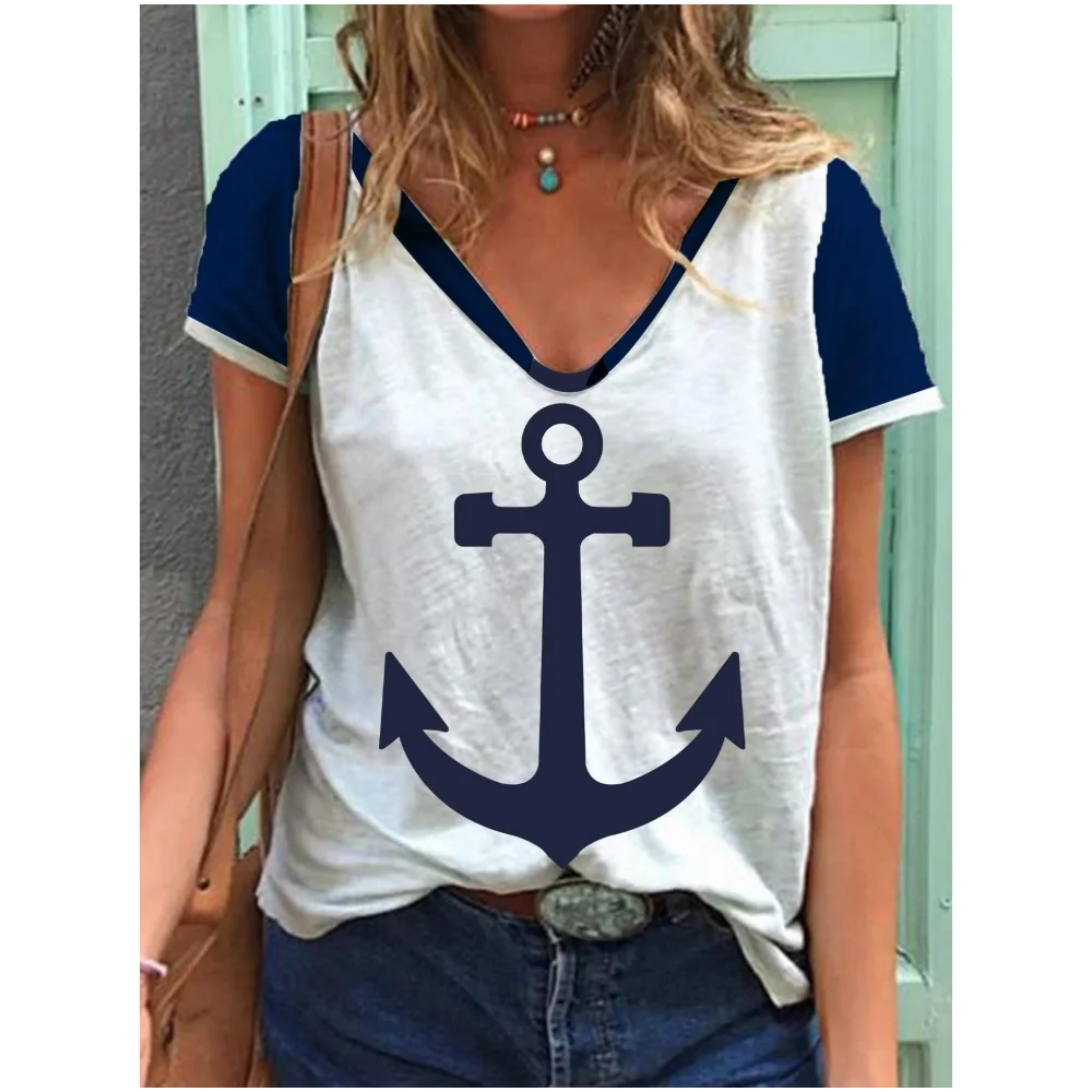 Top Trends: Summer Women T Shirt Short Sleeve Tops Creativity Anchor Graphic Clothing Everyday Street V-Neck Pullovers For Women'S Tees 2023 Shoppable Styles