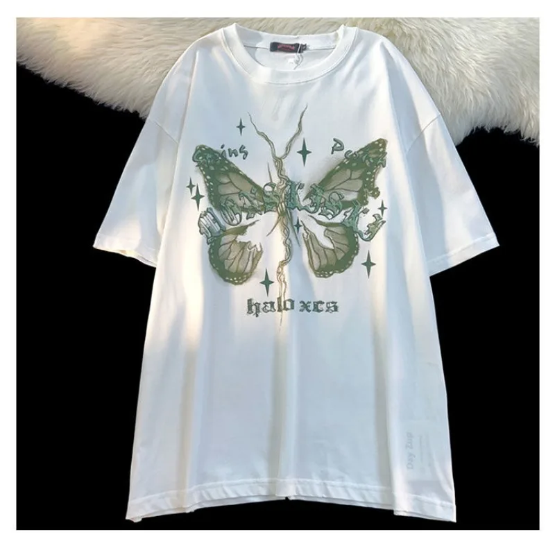 Top Trends: American Retro Pure Cotton Butterfly Printed Short Sleeved T-shirt For Men And Women Loose And Versatile Couple Half Sleeved Top Shoppable Styles - Image 6