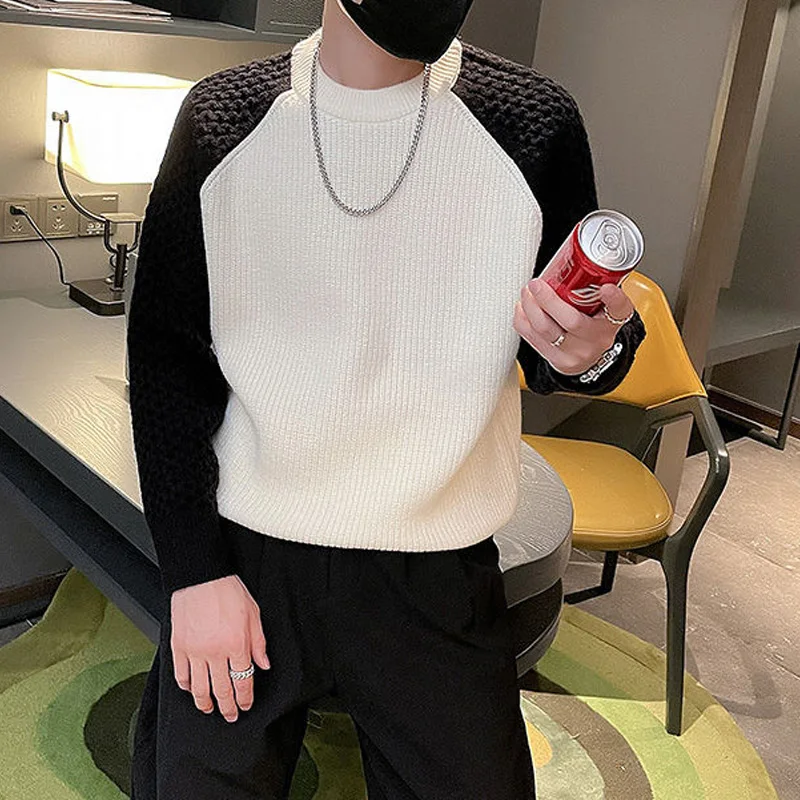 Top Trends: Autumn Winter Contrast Color Fashion Long Sleeve Sweater Man High Street Casual Screw Thread Patchwork Pullovers Men Thicken Top Shoppable Styles