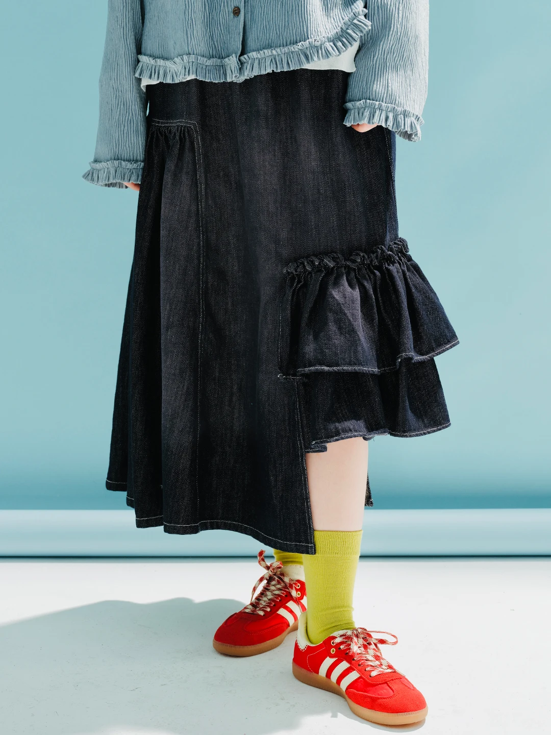 Top Trends: IMAKOKONI Original Design Blue Denim Skirt Irregular Elastic Waist Pocket Ruffle Stitching Skirt Spring 233981 Shoppable Styles