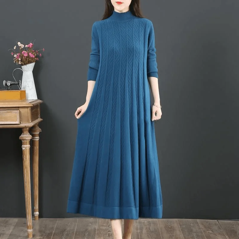 Top Trends: Autumn Winter Women Oversized Knit Long Dress Half High Collar Jacquard Elegant Vintage Fashion Long Sleeve Loose Casual Robe Shoppable Styles