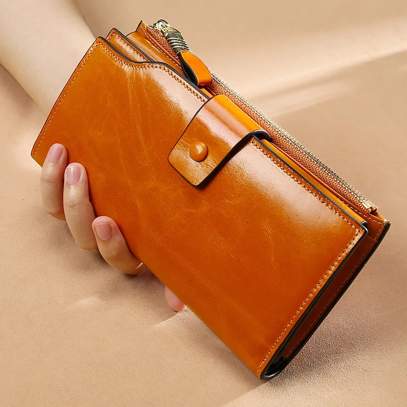 Top Trends: RFID Blocking Wallets Genuine Leather Women Long Lady Leather Purse Brand Design Luxury Oil Wax Leather Female Wallet Coin Purse Shoppable Styles - Image 2