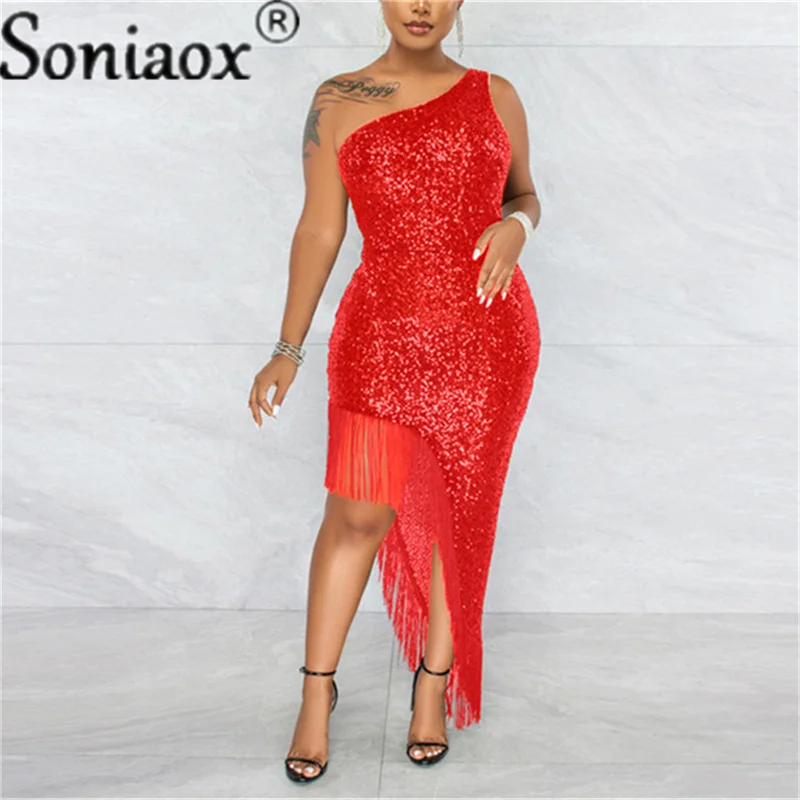 Top Trends: Women Sexy One Shoulder Solid Shiny Sequin Fringe Dress Ladies Tassel Irregular Slit Elegant Evening Prom Party Dress 2022 New Shoppable Styles - Image 4