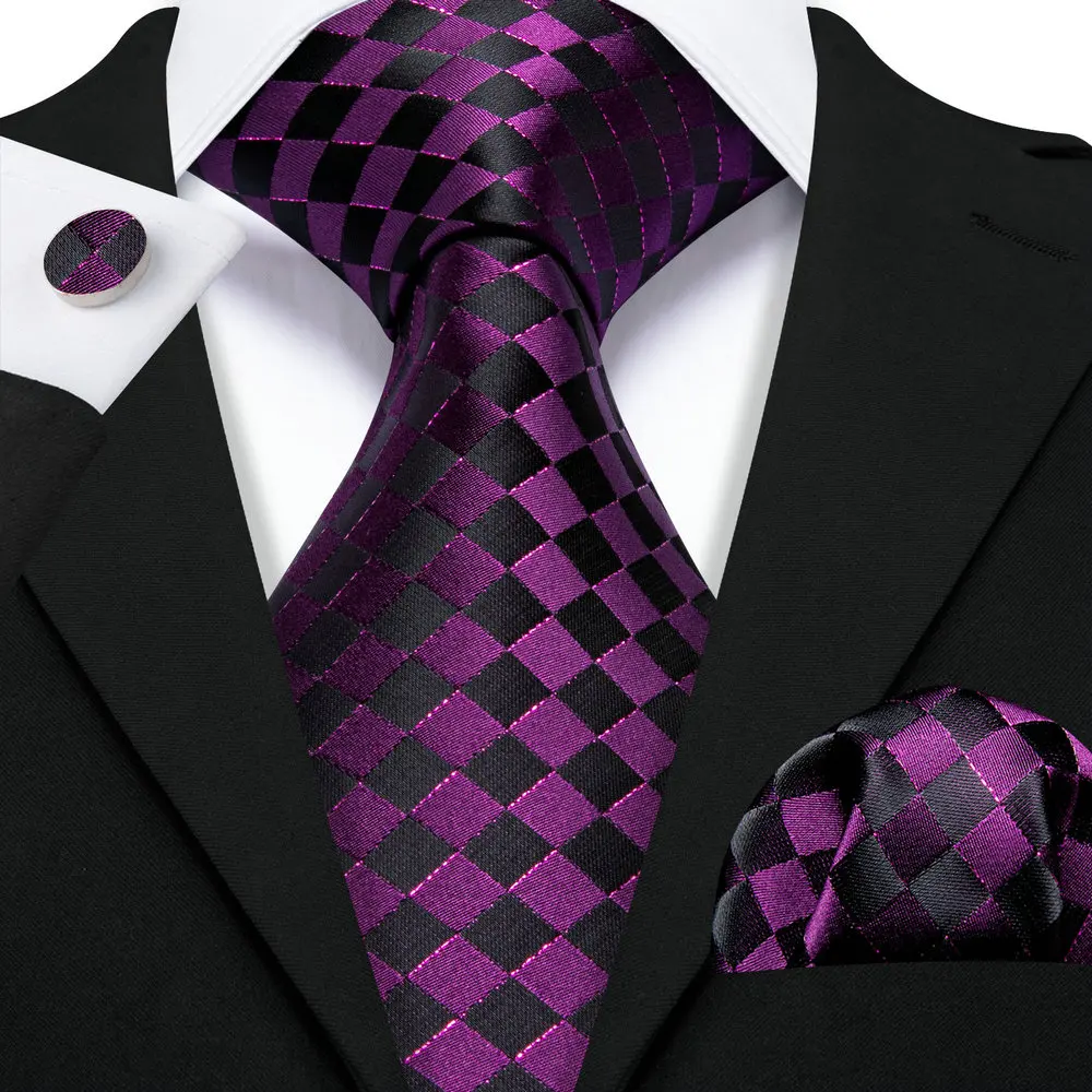 Top Trends: Dark Purple Black Plaid Necktie For Men Classic Silk Woven Pocket Square Cufflinks Sets Business Party Gifts Designer Barry.Wang Shoppable Styles