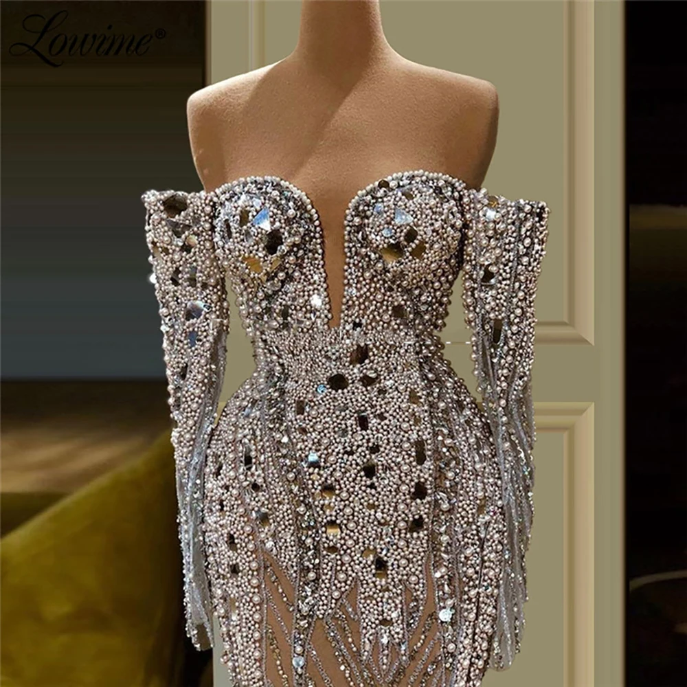 Top Trends: Off Shoulder Full Beaded Evening Dress Handmade Pearls Crystals Saudi Arabia Party Dresses See Through Prom Dress Robe De Soiree Shoppable Styles