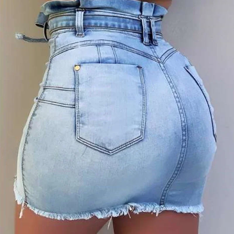 Top Trends: High Waist Elastic Bandage Sexy Denim Mini Skirts Single-breasted Harajuku Casual Hip Bag Stretch Bodycon Patchwork Sashes Skirt Shoppable Styles