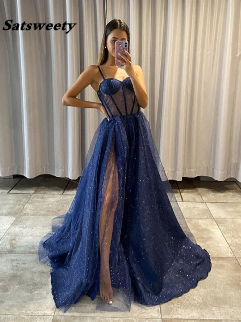 Top Trends: Glitters Tulle Evening Dress Long Sweetheart Spaghetti Strap A Line Navy Blue Burgundy Prom Gown Formal Party Women Dress Shoppable Styles