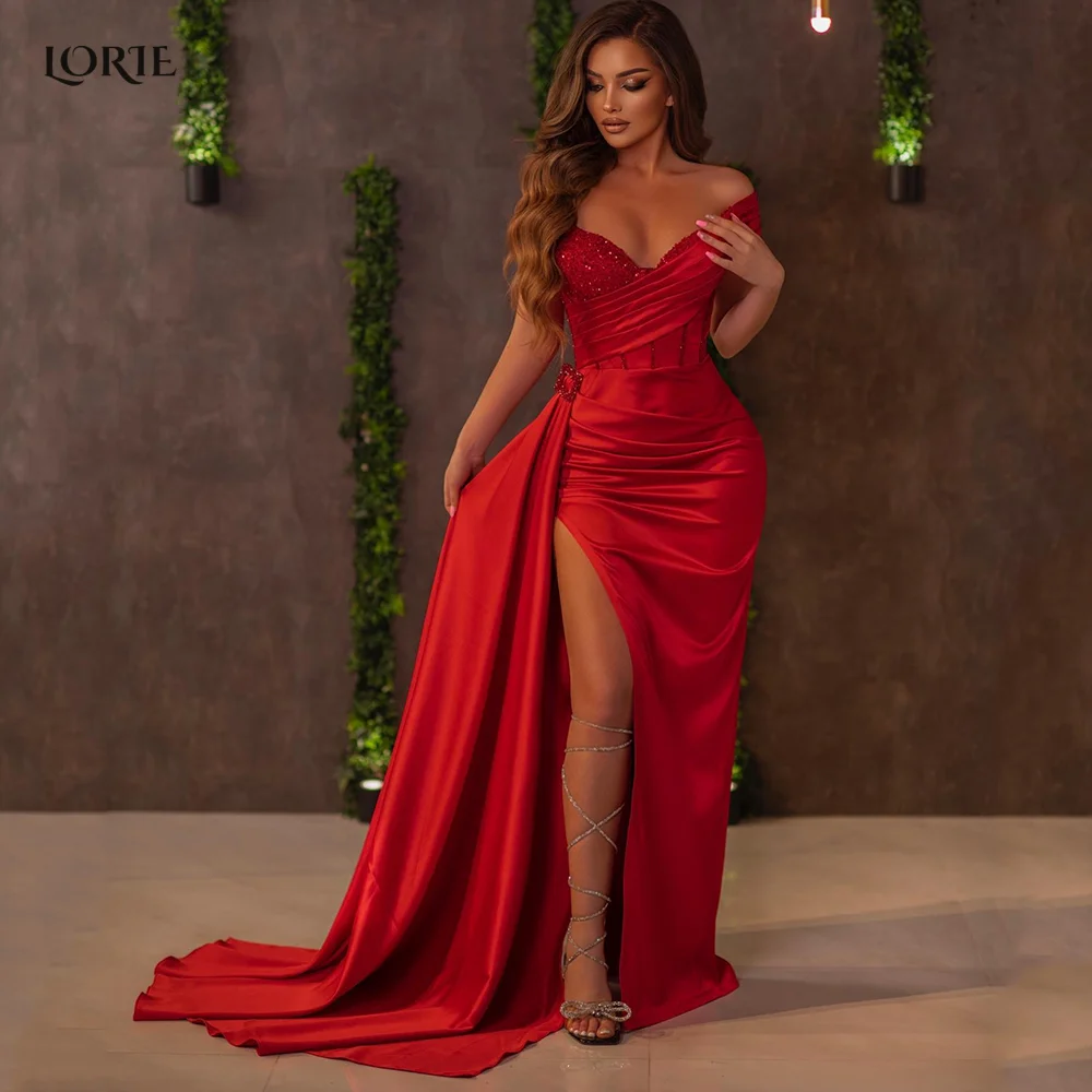 Top Trends: LORIE Crystal Red Formal Evening Dresses Glitter Off Shoulder Pleat Mermaid Celebrity Gowns Sequins Detachable Train Party Gown Shoppable Styles