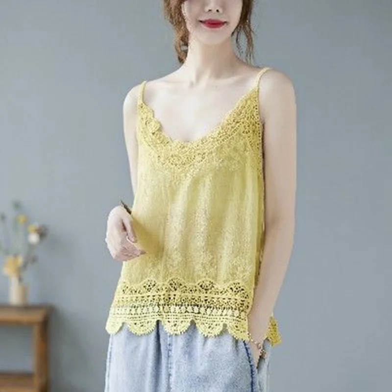 Top Trends: Elegant V-Neck Loose Hollow Out Lace Sleeveless Blouse Women&#039;s Clothing 2023 Summer New Casual Pullovers Korean Shirt Shoppable Styles