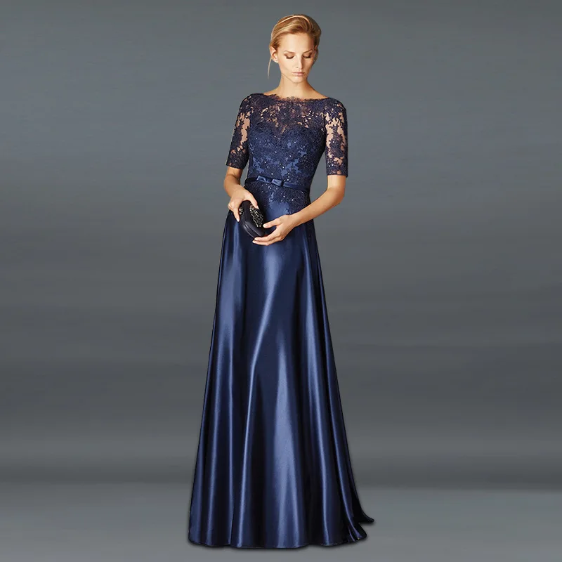 Top Trends: Navy Blue Mother Of The Bride Dress A-line Satin Half Sleeves Appliques Long Groom Godmother Evening For Wedding Vestidos De Gal Shoppable Styles