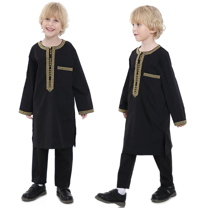 Top Trends: Muslim Children Robe 2 Piece Set Kids Boy Round Neck Long Sleeve Printed Dress Shirt Abaya Kaftan Jubba Thobe Islamic Clothing Shoppable Styles