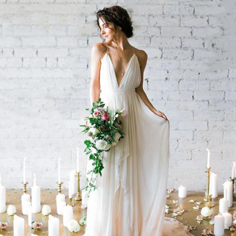 Top Trends: Sexy Boho Wedding Dress Beach 2023 Robe De Mariee Plunging Sexy Spaghetti Straps Bridal Dress Chiffon Wedding Dresses Shoppable Styles