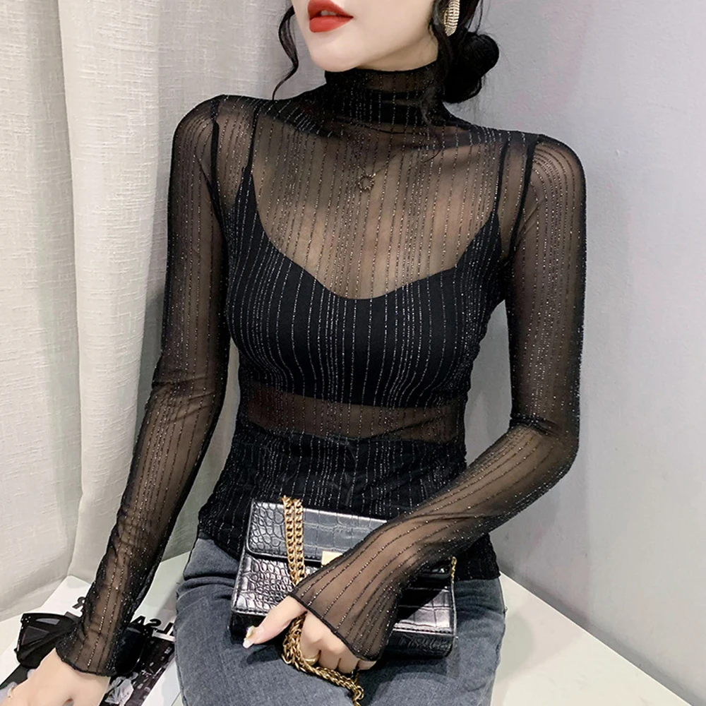 Top Trends: Women Transparent Mesh Shiny T Shirt Club Party Black White Blue Long Sleeve Tee Sexy Thin Female Bottoming Blouses Ladies Tops Shoppable Styles