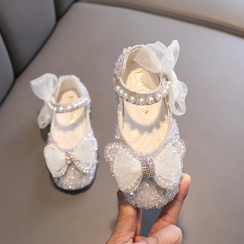 Top Trends: AINYFU Girls Sequins Bow Leather Shoes Spring Children&#039;s Rhinestone Pearl Princess Shoes Toddler Student Kids Dance Flat Shoes Shoppable Styles