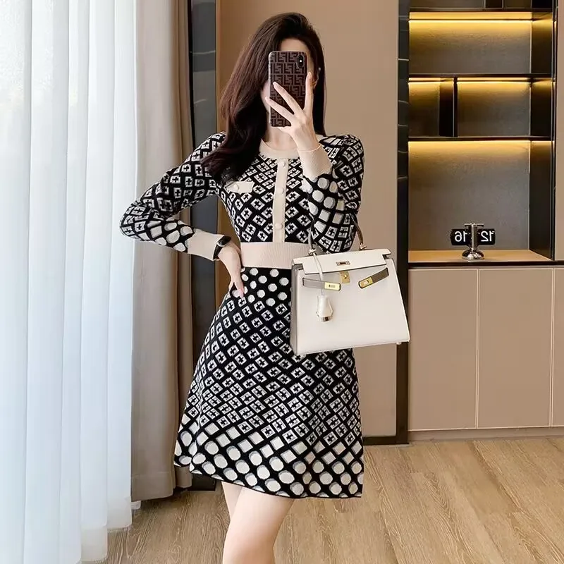 Top Trends: 2023 Fashion Women Knitted Dress Autumn Winter New Long-sleeved O-Neck Knee-High A-Line Temperament Office Lady Sweater Dress Shoppable Styles - Image 3