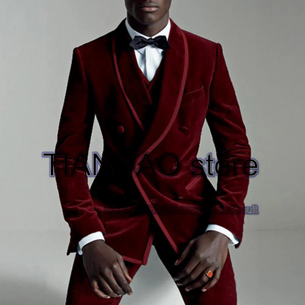 Top Trends: Burgundy Velvet Men&#039;s Suit 2 Piece Double Breasted Jacket Wedding Groom Tuxedo Formal Blazer Pants Set Terno Masculino Shoppable Styles