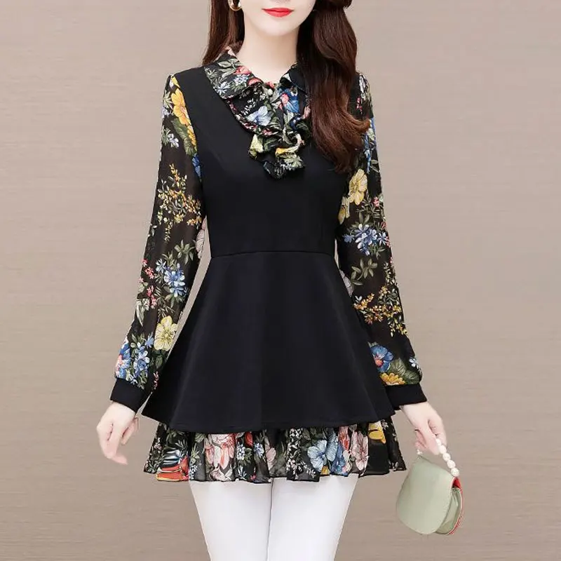 Top Trends: Office Lady Vintage Broken Flowers Spliced Blouse Waist Slim Spring Autumn Women's Clothing Lapel Button Stylish Ruffles Shirt Shoppable Styles