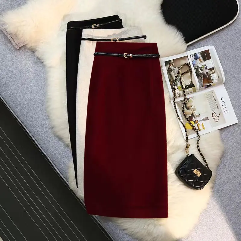 Top Trends: Autumn Winter Woolen Bodycon Pencil Skirt Women High Waist Split Belt Knee-Length Midi Skirt Fashion Ladies Work Skirts Female Shoppable Styles