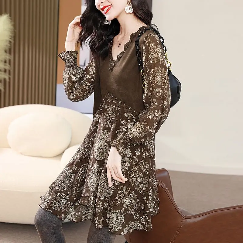 Top Trends: Vintage Printed Patchwork Midi Shirt Stylish Beading Female Clothing 2024 Spring Autumn Commute Lace Elegant V-Neck Loose Blouse Shoppable Styles