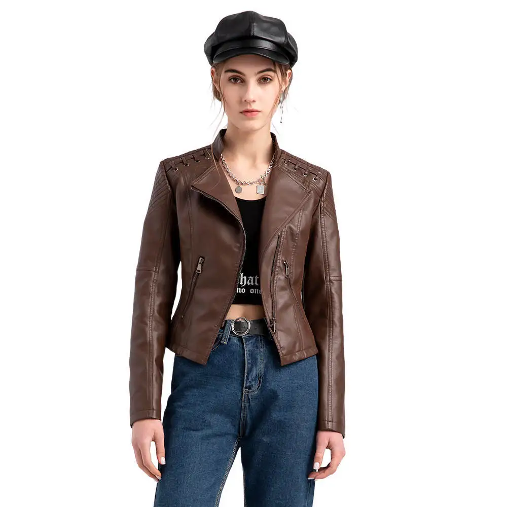 Top Trends: Women Faux Leather Jacket European Size Coat 2023 New Spring Autumn Moto Biker Zipper Jacket Purple Coffee Yellow Red Brown Navy Shoppable Styles - Image 5