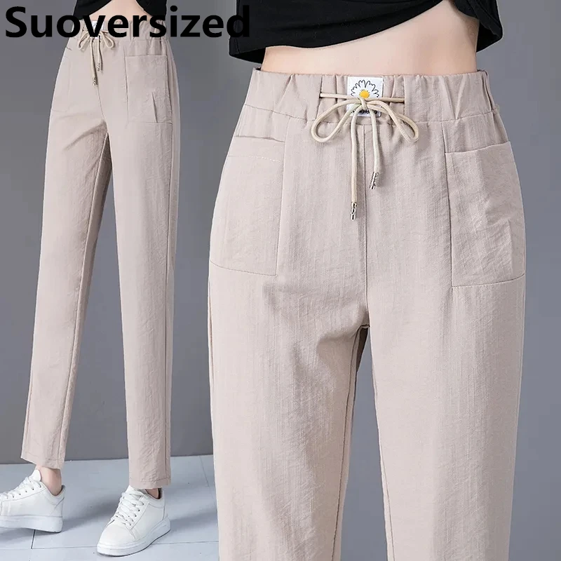 Top Trends: Oversized 4xl Summer Ankle-length Pants Baggy Casual Harem Pantalones Elastic High Waist Trousers Thin Cotton Linen Spodnie Shoppable Styles