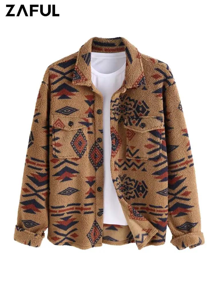 Top Trends: ZAFUL Polar Fleece Fluffy Men's Jacket Ethnic Aztec Geometric Printed Jackets Winter High Stretch Streetwear Outerwear Z5075191 Shoppable Styles