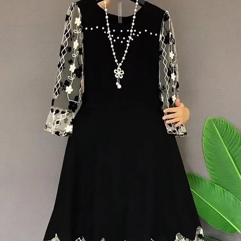 Top Trends: Women's Clothing Broken Flowers Spliced Dresses Fashion Beading Spring Autumn Round Neck Elegant Drawstring A-Line Midi Dress Shoppable Styles - Image 3