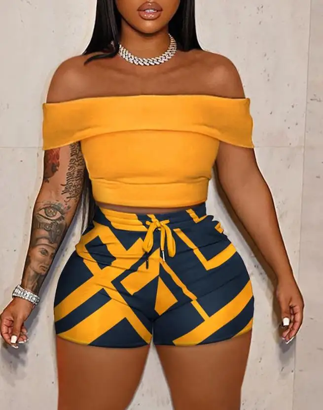 Top Trends: Two Piece Sets Womens Outifits 2023 Summer Fashion Off Shoulder Short Sleeve Crop Top & Casual Geometric Print Skinny Shorts Set Shoppable Styles