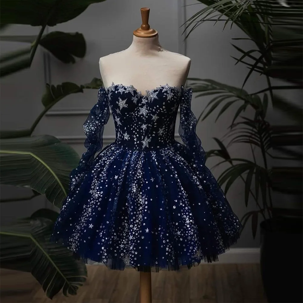 Top Trends: Sevintage Glitter Navy Blue Starry Tulle Prom Dresses Long Sleeves Sweetheart Pleat Ruched Mini Evening Gowns Formal Party Dress Shoppable Styles