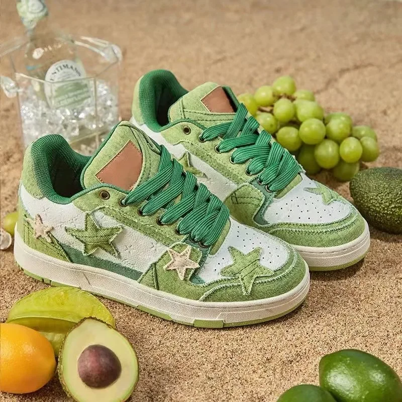 Top Trends: Denim Green Star Sneakers For Women Luxury Tennis Shoes Patchwork Trendy Female Casual Shoes Thick Bottom Ladies Flat Shoes New Shoppable Styles