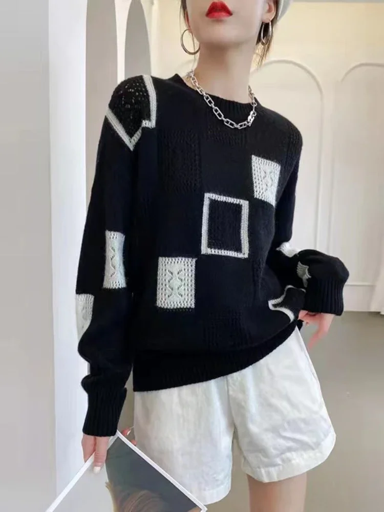 Top Trends: Fashion Tops 2022 Women Oversized Sweater Autumn Winter New Colorblock Plaid Knitted Pullovers Round Neck Retro Warm Sweaters Shoppable Styles - Image 5