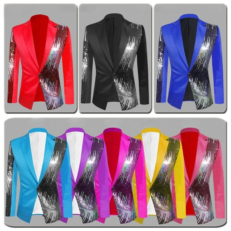 Top Trends: Fashion Men&#039;s Sequin Suit Jacket Blue Red Stage Party Dance Singer Nightclub Costume Top Slim Fit Performance Dress Blazer Coat Shoppable Styles