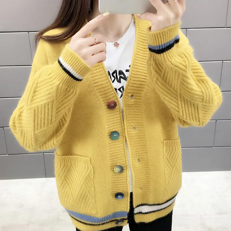 Top Trends: Fashion V-Neck Knitted Spliced Pockets All-match Cardigan Sweaters Female Clothing 2023 Autumn New Casual Tops Loose Korean Coat Shoppable Styles