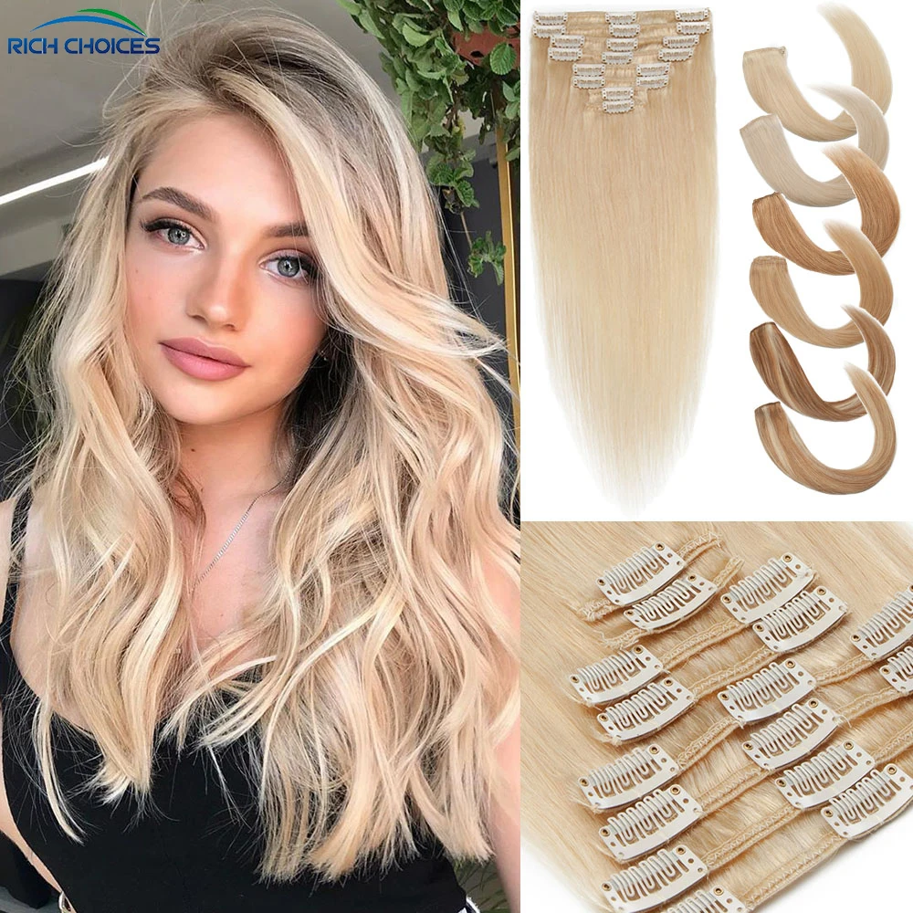 Top Trends: Rich Choices 8Pcs Clip In Hair Extensions Real Human Hair Clip In Natural Hairpieces 10-24 Inch Highlights Blonde Hair Weft Shoppable Styles