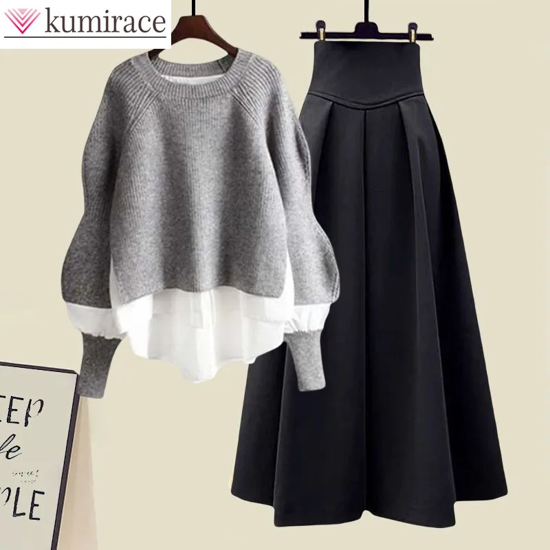 Top Trends: Spliced Knitted Sweater Shirt Pullover Slim Fit Half Skirt Two Piece Elegant Women's Dress Set Winter Outfits Shoppable Styles