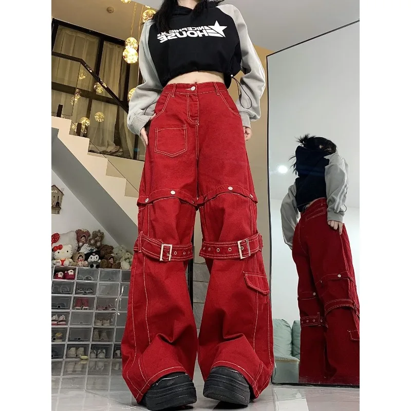 Top Trends: Deeptown Red Y2k Baggy Jeans Women Vintage Korean Fashion Detachable Denim Pants Kpop Oversized Trousers Streetwear Baddie Punk Shoppable Styles