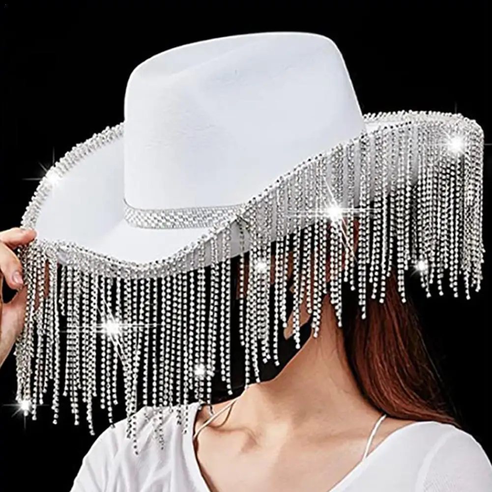 Top Trends: Women Fashion Rhinestone Sequins Fringe Cowgirl Hat Western Cowboy Cap Adjustable Drawstring Wide Brim Party Jazz Top Hat Shoppable Styles